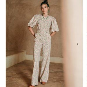 Sezane Pink and Cream Jumpsuit with Puff Sleeves and Wide Legs